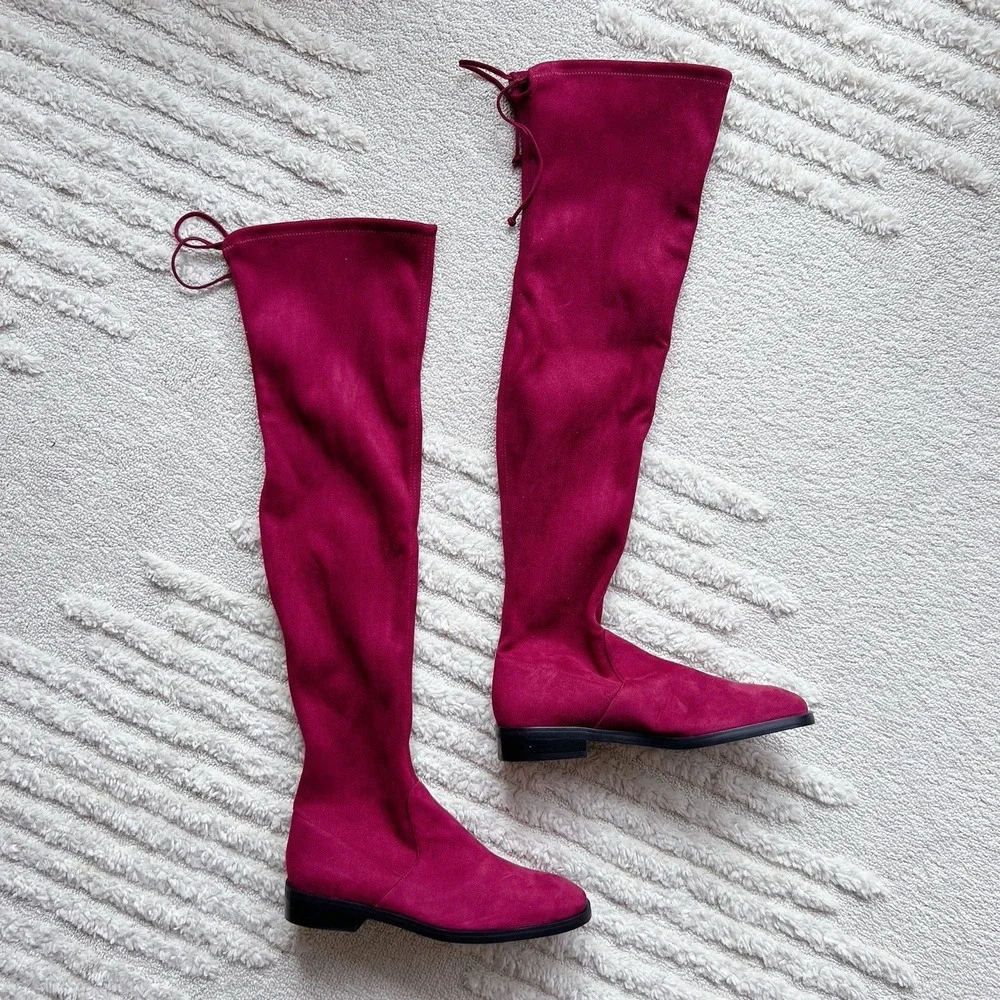 $798 Stuart Weitzman Jocey Over the Knee OTK Boots Cranberry Red Suede US 9.5